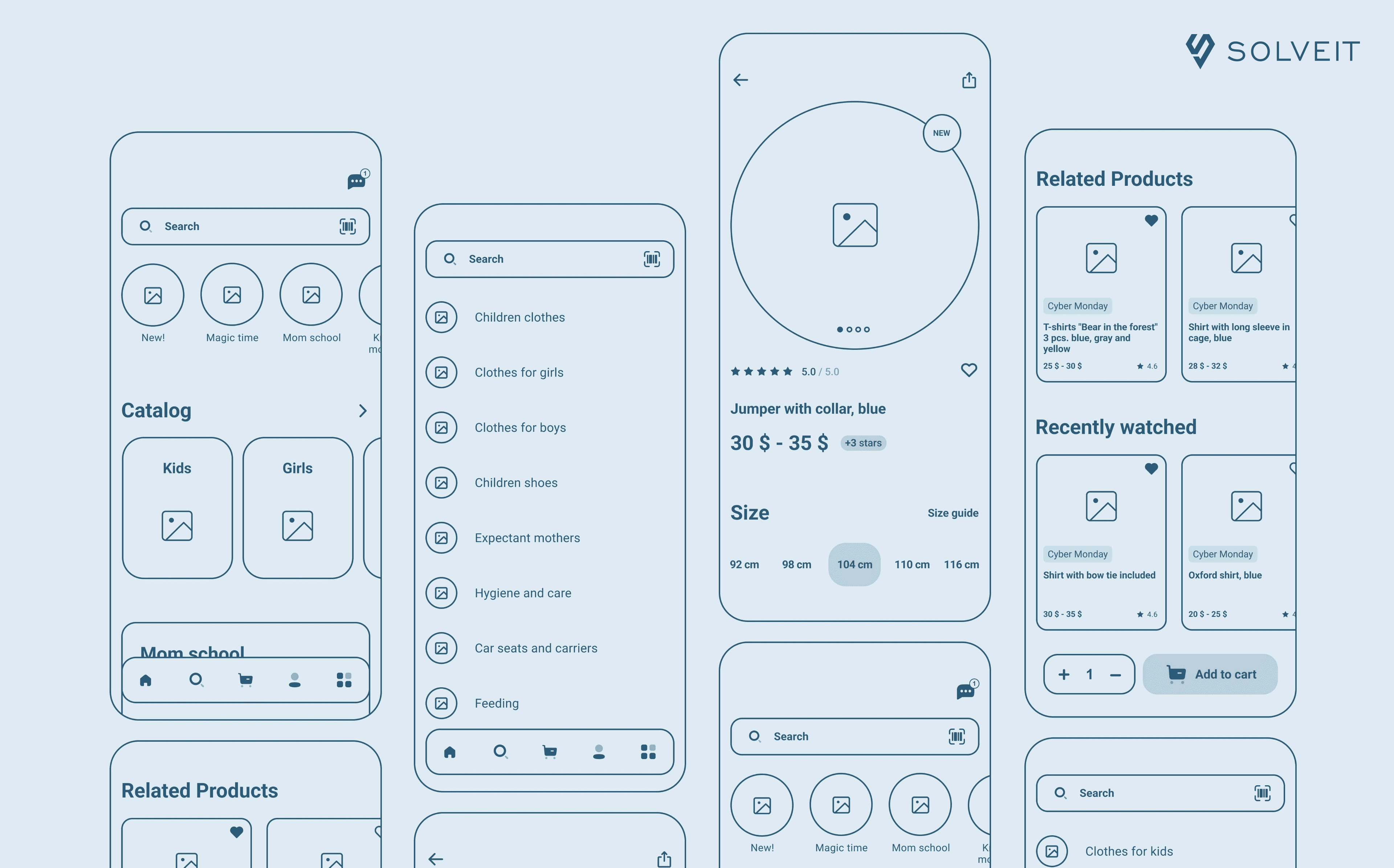 E-commerce Children Store App Wireframe Example, SolveIt