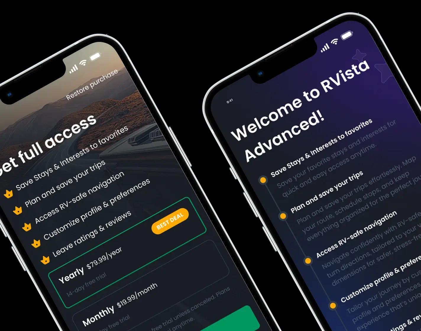 Screenshots frm RVista app - subscriptions screens