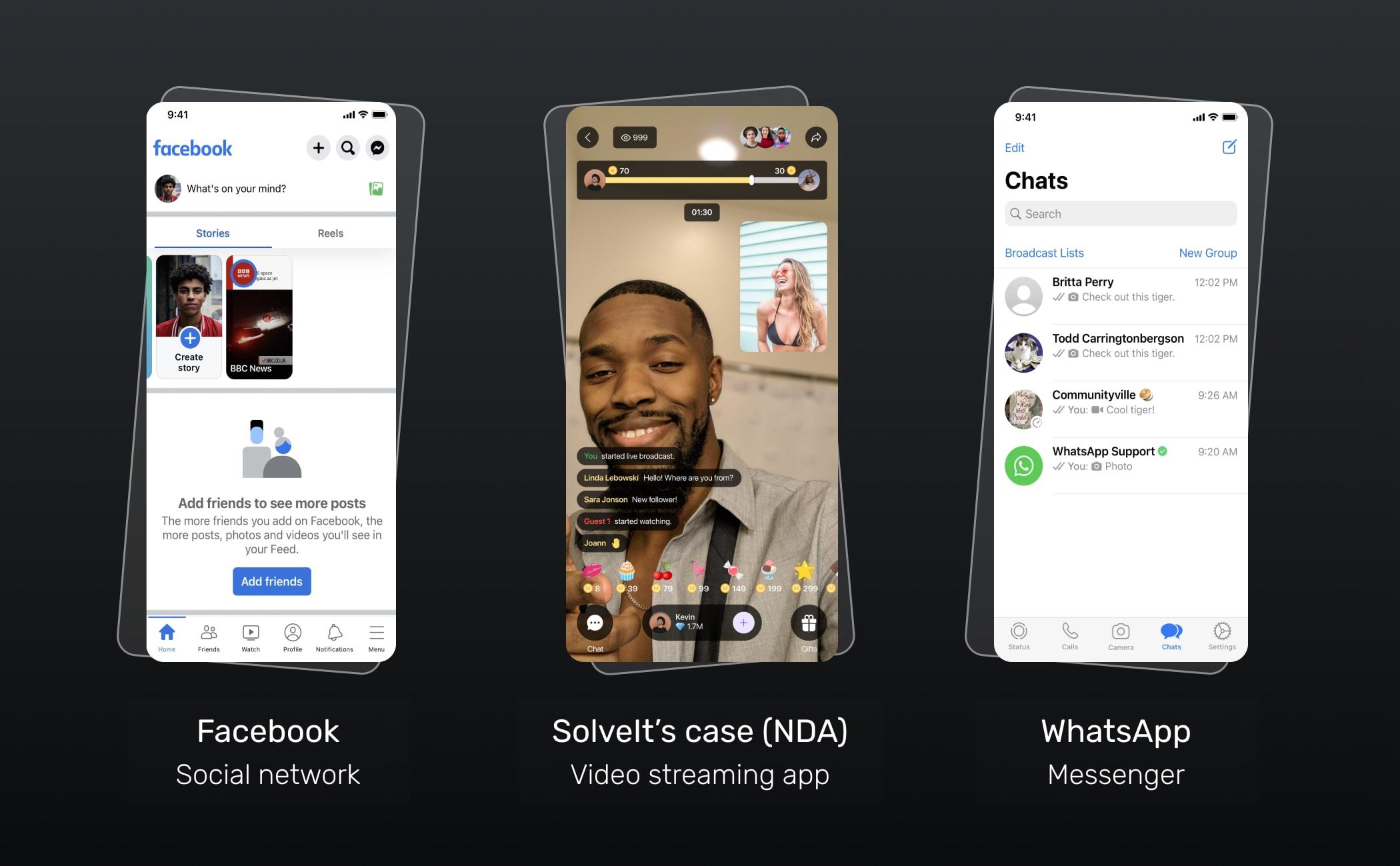 types of social media apps: Facebook, Video Streaming App, WhatsApp