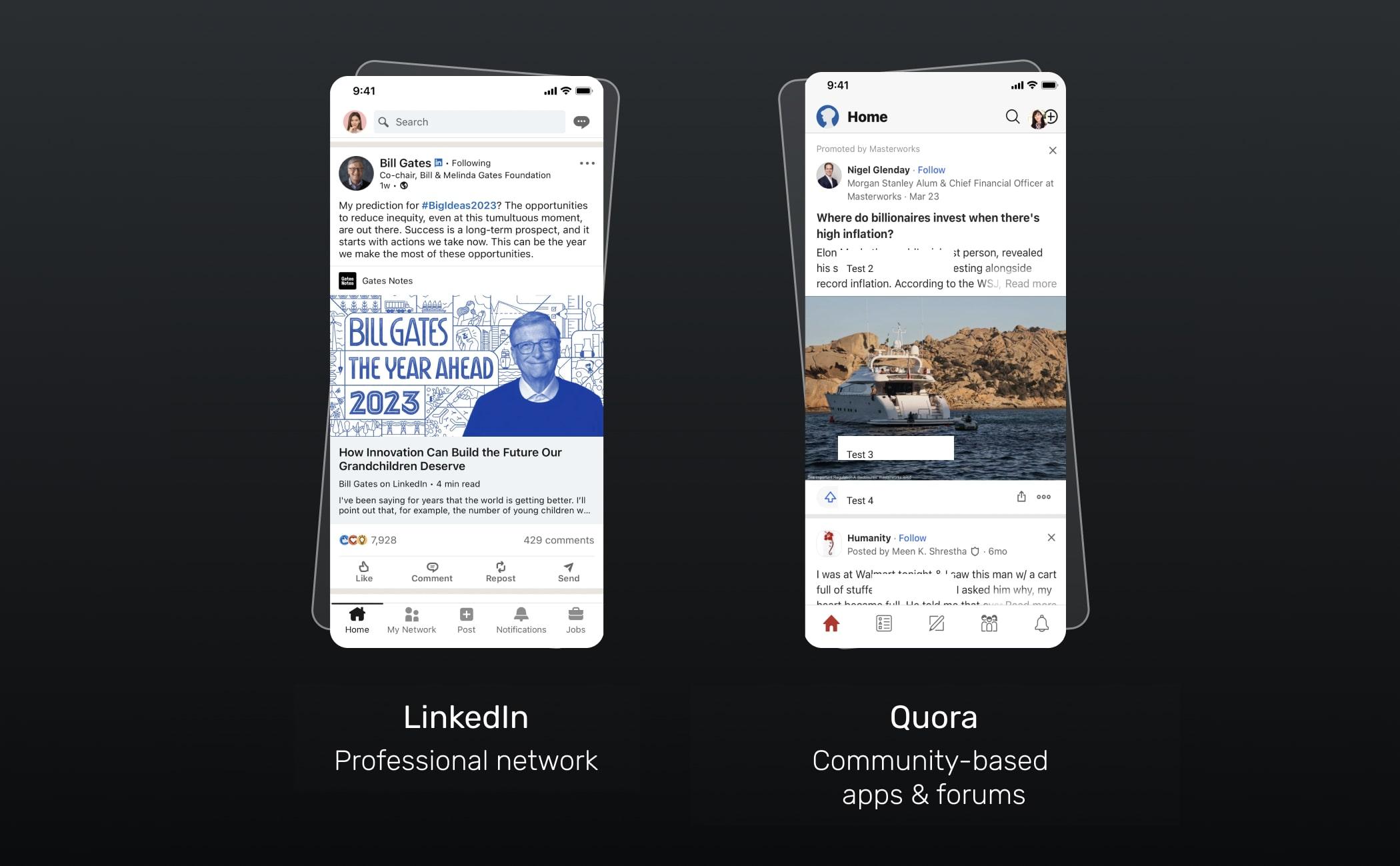types of social media apps: LinkedIn, Quora